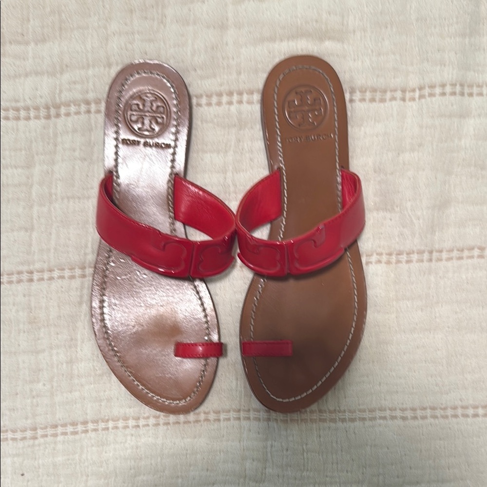 Tory Burch Red and Tan Slide Sandals